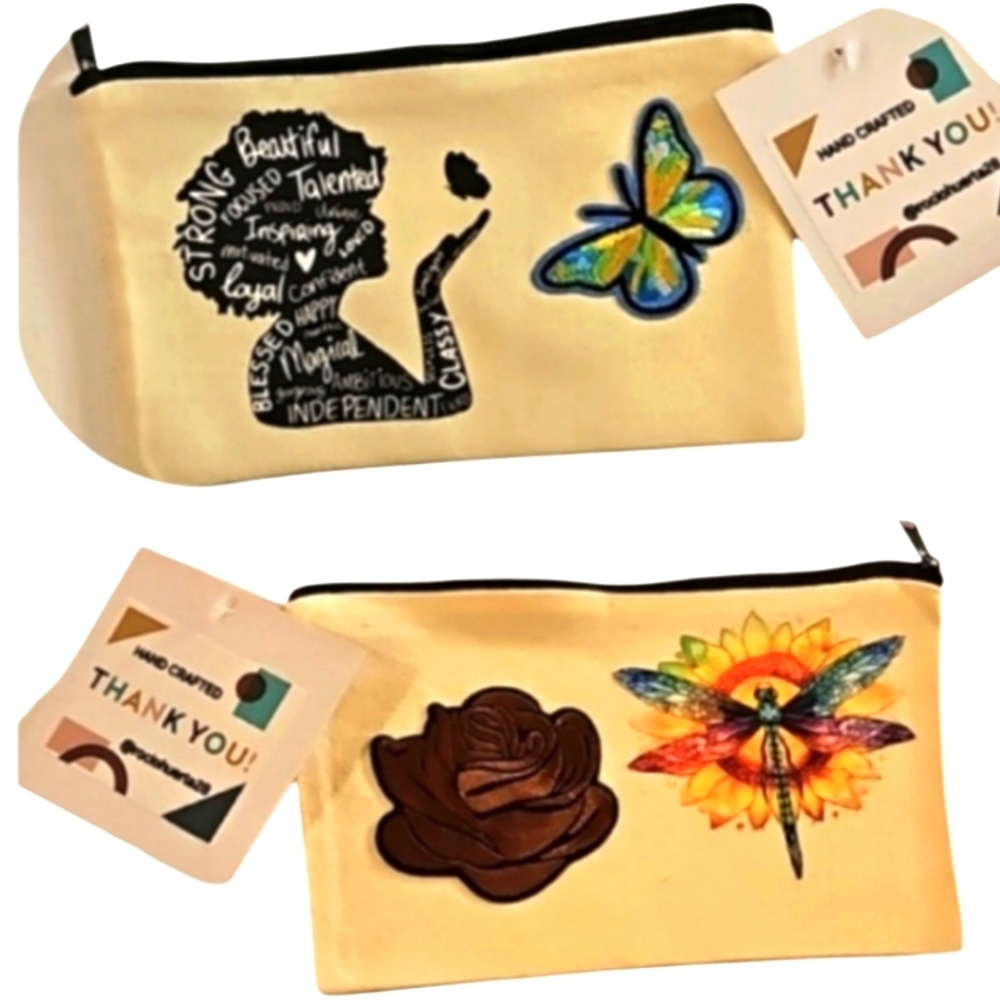 Hand Crafted makeup bag Canvas Pencil case Iron applique Handmade Travel purse